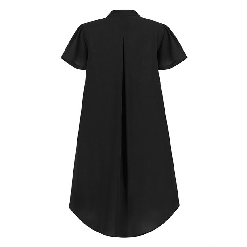 Black Ruffle Button V Neck High Low Shirt Dress TQG310047-2