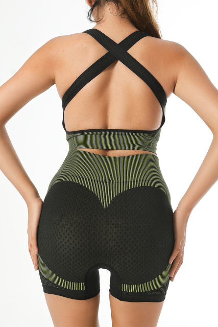 Green Textured U Neck Criss Cross Sports Bra LC264395-109