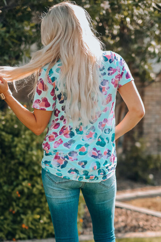 Leopard V Neck Short Sleeves T-Shirt LC25220971-20