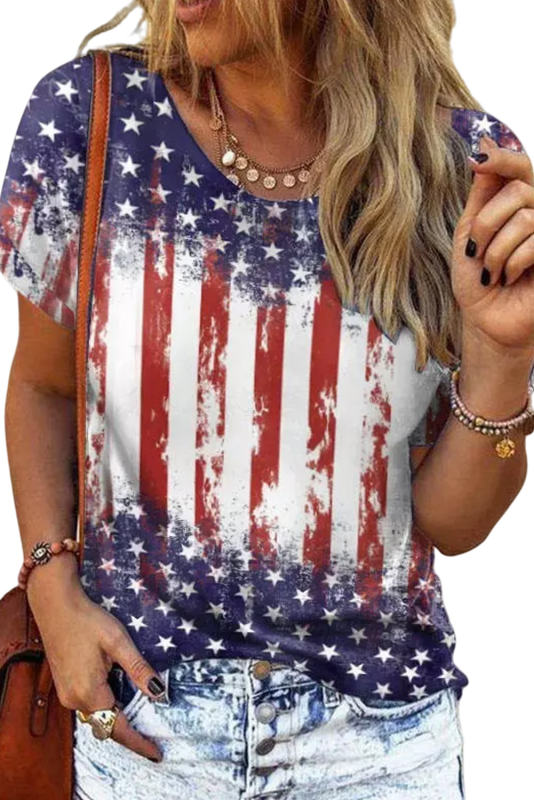 Red American Flag Inspired Bleached Print Short Sleeve Tee LC25221454-3