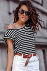 Black Striped Butterfly Sleeve T Shirt LC25219423-2