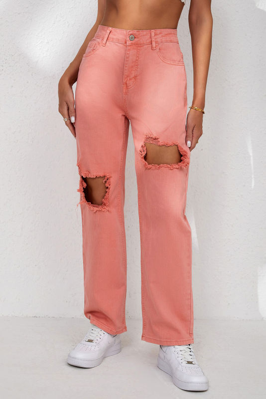 Pink High Waist Ripped Straight Leg Pocket Jeans LC7873435-10