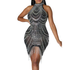 Black Halter Rhinestone Tasseled Bodycon Dress TQK311239-2