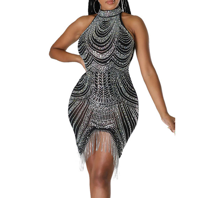 Black Halter Rhinestone Tasseled Bodycon Dress TQK311239-2
