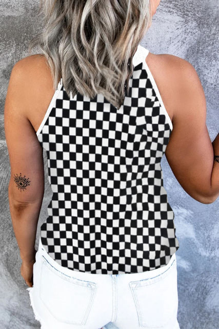 Black Plaid O Neck Sleeveless Tank Top LC2566811-2