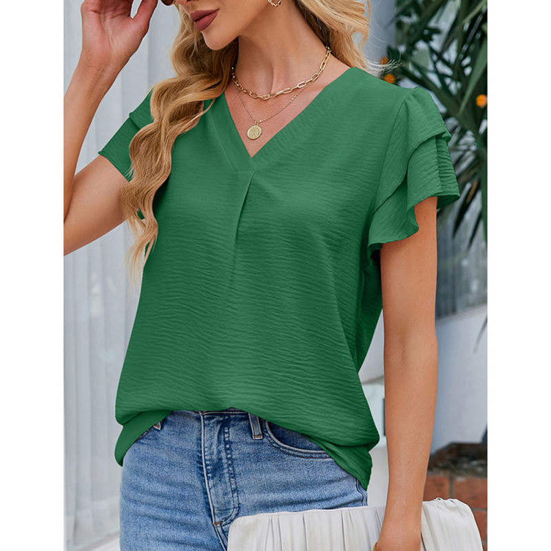 Green Chiffon V-neck Ruffled Short Sleeve Top TQG22001-9