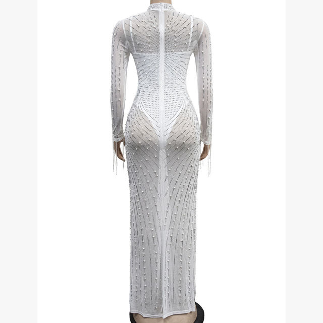 White Rhinestone Mesh Long Sleeve Maxi Dress TQK311551-1