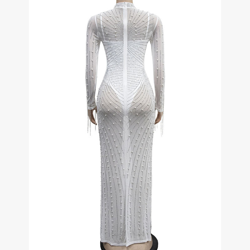 White Rhinestone Mesh Long Sleeve Maxi Dress TQK311551-1