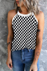 Black Plaid O Neck Sleeveless Tank Top LC2566811-2