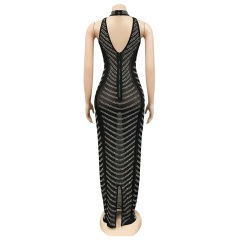 Black Mesh Studded See Through Open Back Maxi Dress TQK311241-2