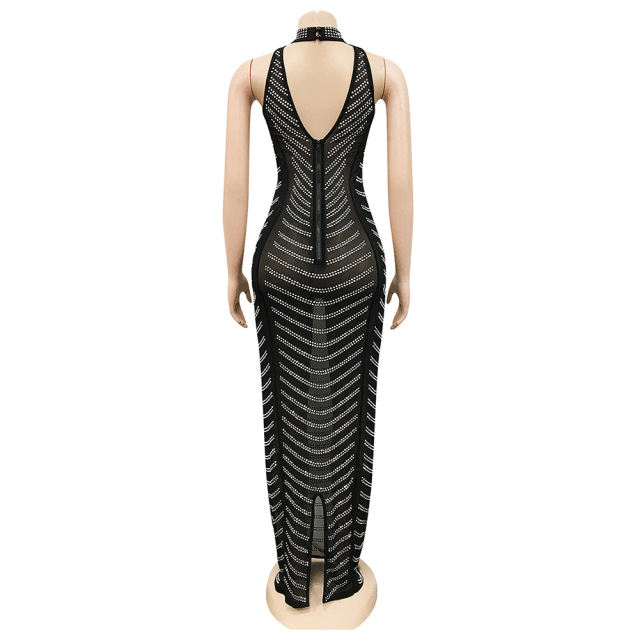 Black Mesh Studded See Through Open Back Maxi Dress TQK311241-2