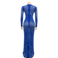 Blue Mesh Rhinestone See Through Long Sleeve Maxi Dress TQK311243-5