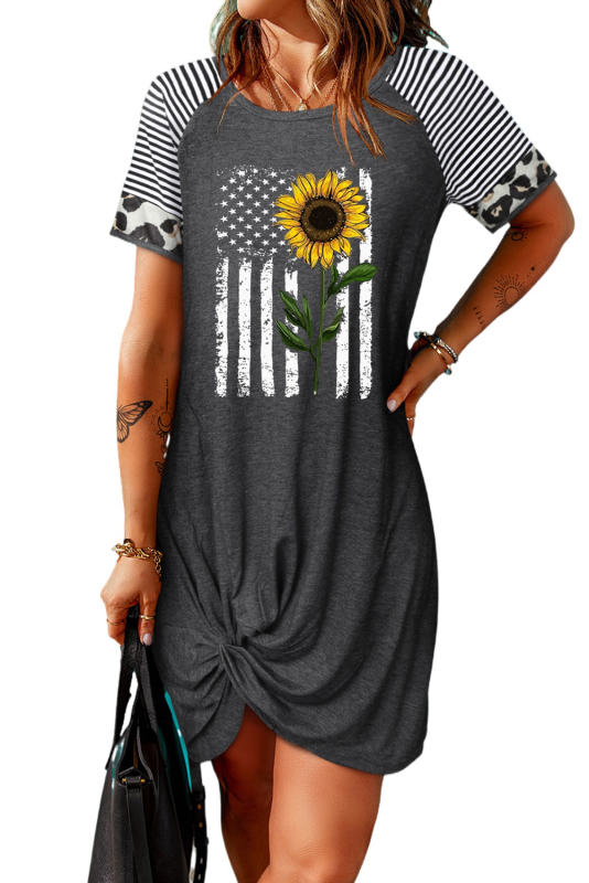 Gray Sunflower USA Flag Graphic Raglan Sleeve Twist Hem T-shirt Dress LC6116228-11