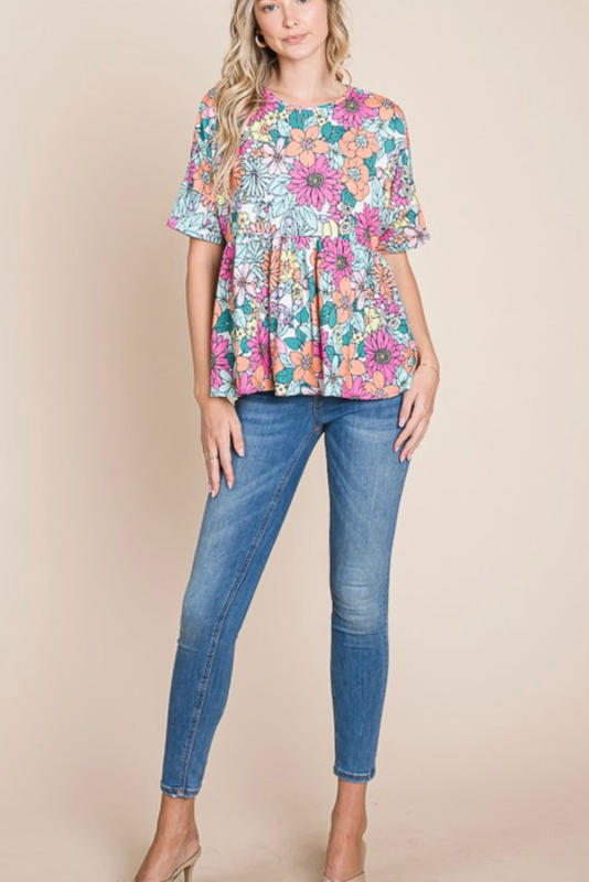Multicolor Bohemian Flower Print Flowy Short Sleeve Top LC25220723-22