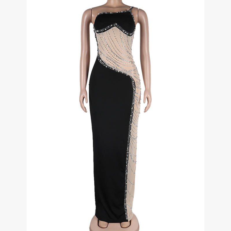 Black Rhinestone Pearl Mesh One-shoulder Maxi Dress TQK311552-2