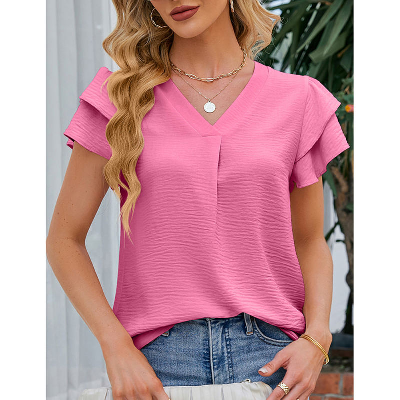 Dark pink Chiffon V-neck Ruffled Short Sleeve Top TQG22001-73