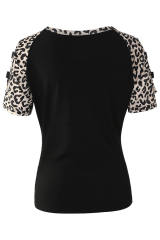 Black Leopard Color Block Cut Out Short Sleeve Top LC25220145-2