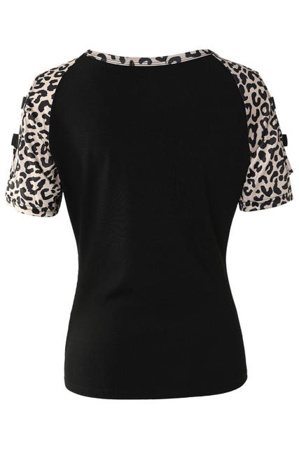Black Leopard Color Block Cut Out Short Sleeve Top LC25220145-2