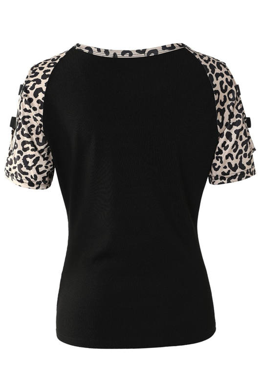 Black Leopard Color Block Cut Out Short Sleeve Top LC25220145-2