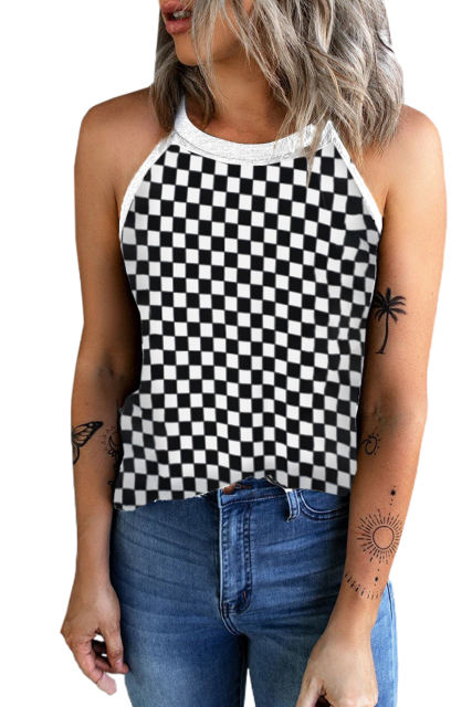 Black Plaid O Neck Sleeveless Tank Top LC2566811-2