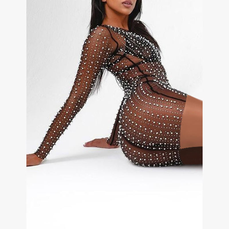 Black Sheer Rhinestone Mesh Long Sleeve Beach Cover TQK311544-2