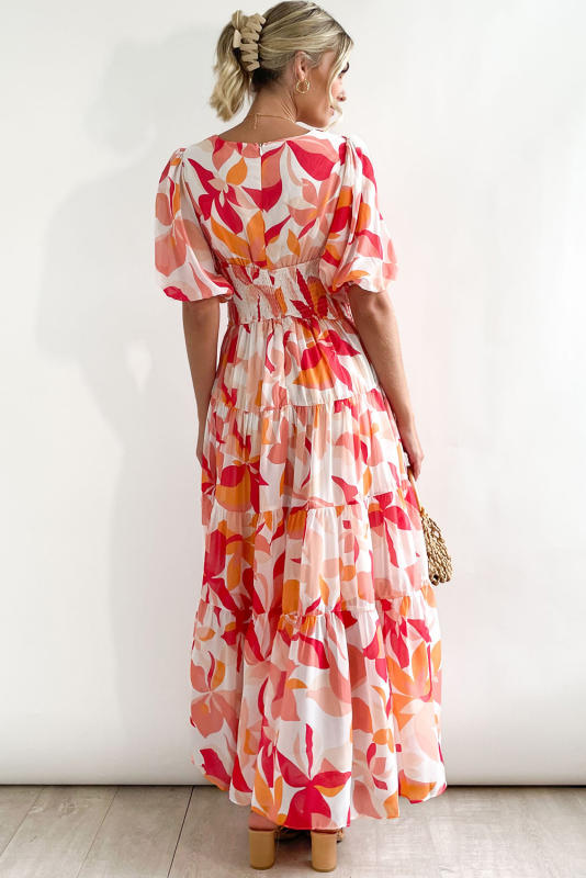 Red Short Puff Sleeve Floral Tiered Maxi Dress LC6115693-3