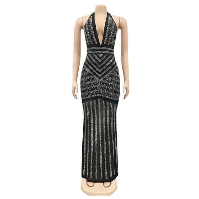 Black Halter V Neck Rhinestone See Through Maxi Dress TQK311240-2