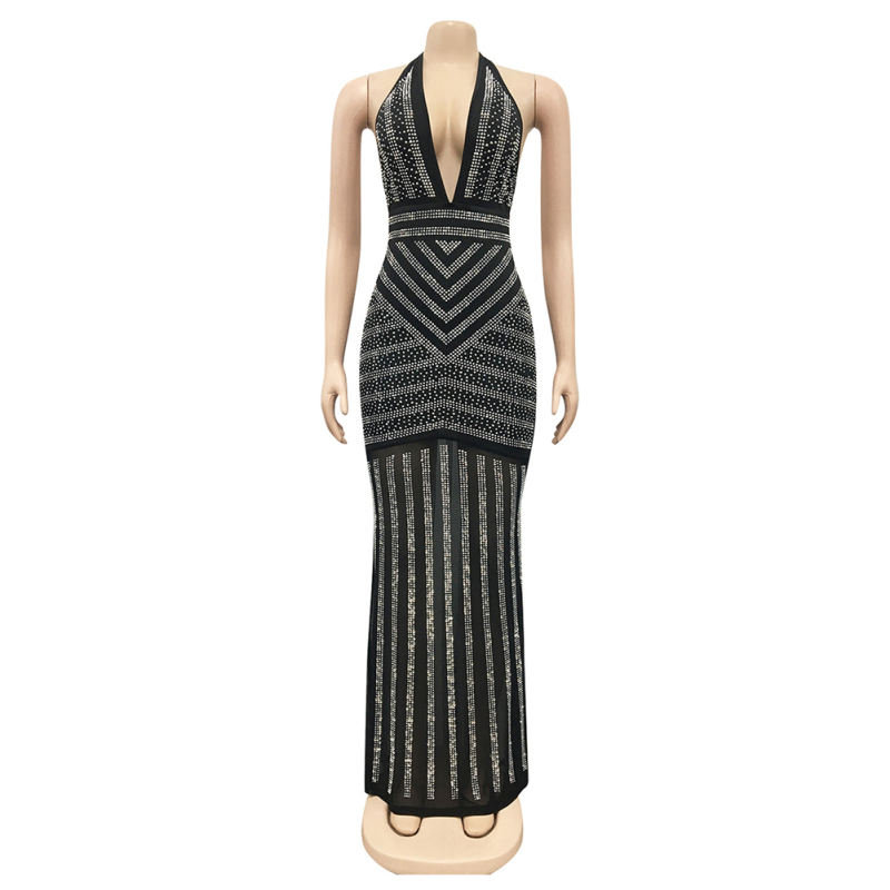 Black Halter V Neck Rhinestone See Through Maxi Dress TQK311240-2