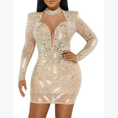Apricot Mesh V Neckline Rhinestone Bodycon Dress TQK311548-18