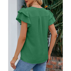 Green Chiffon V-neck Ruffled Short Sleeve Top TQG22001-9