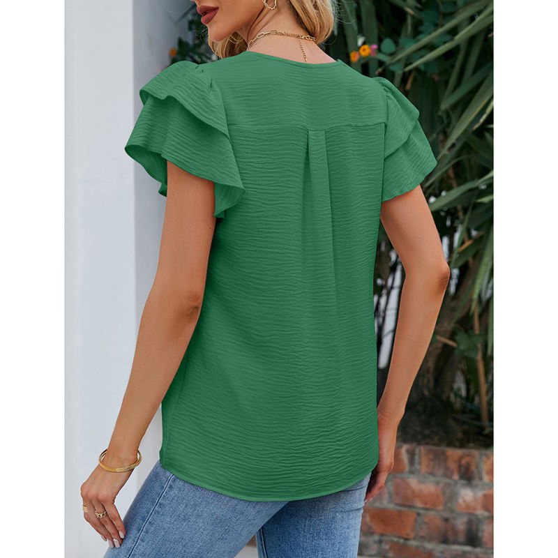Green Chiffon V-neck Ruffled Short Sleeve Top TQG22001-9