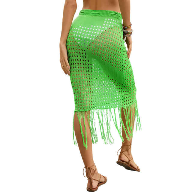 Green Hollow-out Tasseled Beach Cover Skirt  TQL360061-9