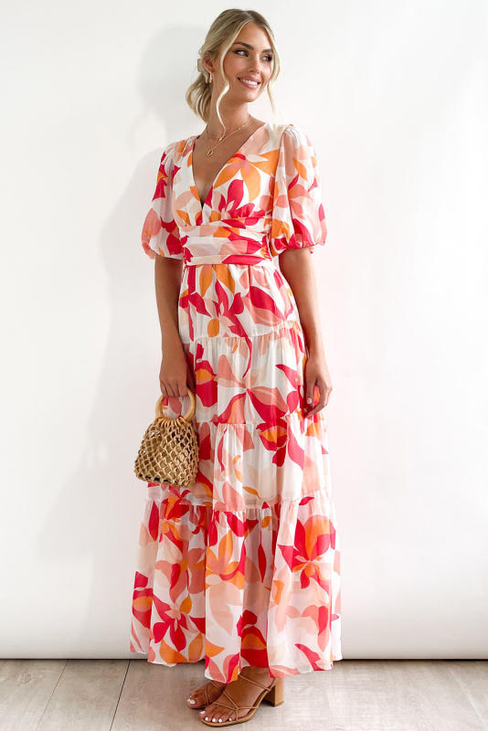 Red Short Puff Sleeve Floral Tiered Maxi Dress LC6115693-3