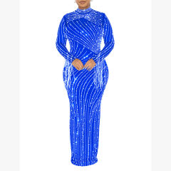 Blue Rhinestone Mesh Long Sleeve Maxi Dress TQK311551-5
