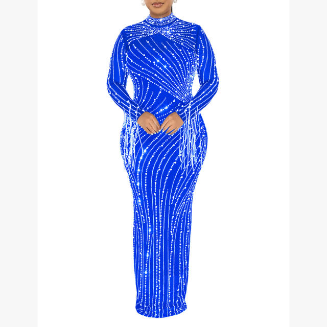 Blue Rhinestone Mesh Long Sleeve Maxi Dress TQK311551-5