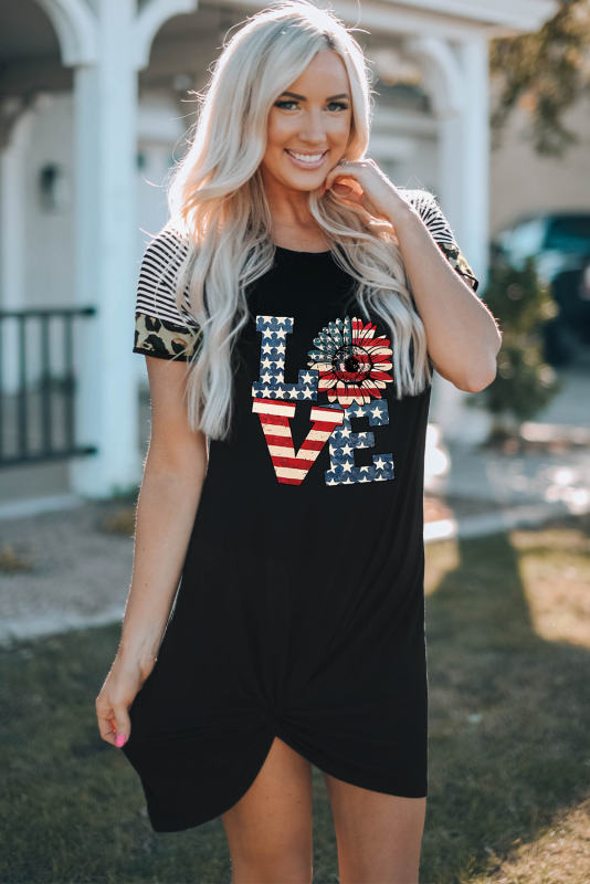 Black America-Flag LOVE Print Striped Leopard Short Sleeve T-Shirt Dress LC6116226-2