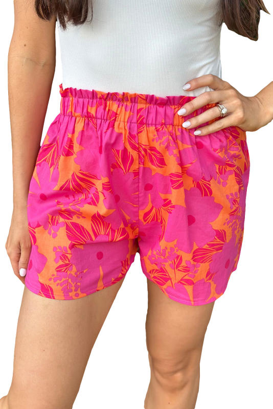 Pink Floral Print Smocked Waist Shorts LC731419-10