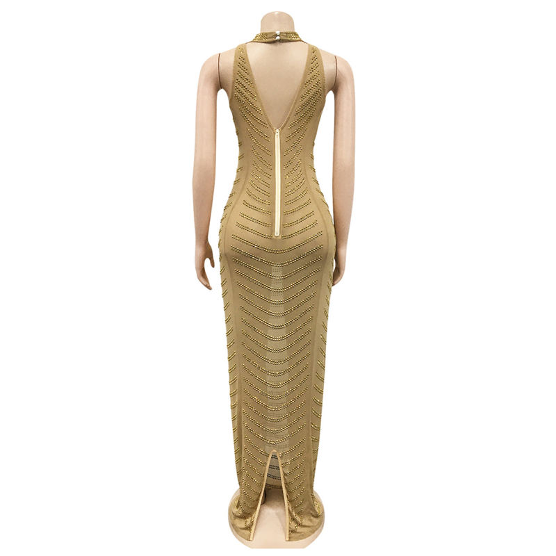 Gold Mesh Studded See Through Open Back Maxi Dress TQK311241-12