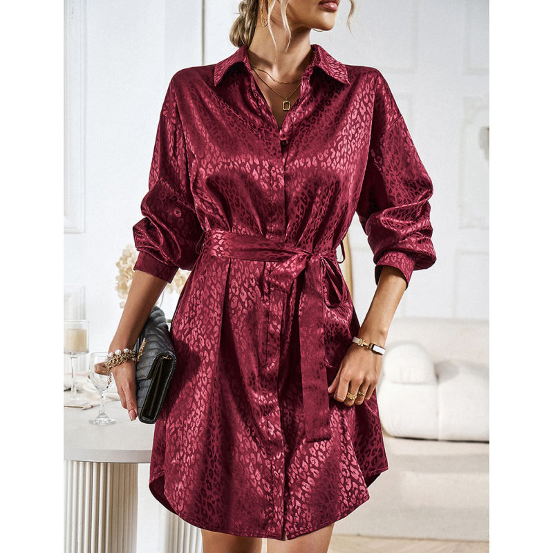 Burgundy Satin Leopard Print Shirt Dress with Belt TQH310106-23