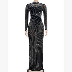 Black Rhinestone Mesh Long Sleeve Maxi Dress TQK311551-2
