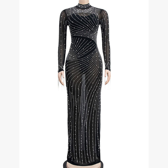 Black Rhinestone Mesh Long Sleeve Maxi Dress TQK311551-2