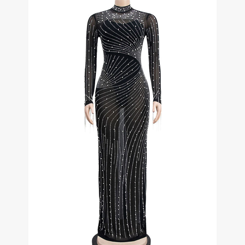 Black Rhinestone Mesh Long Sleeve Maxi Dress TQK311551-2