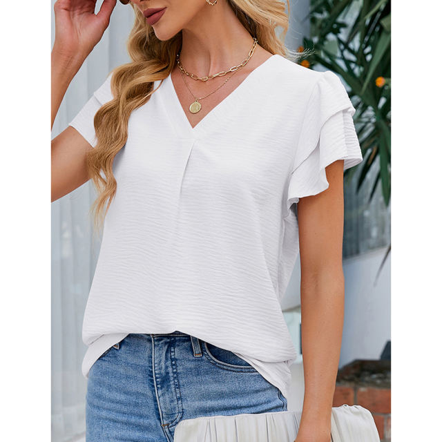 White Chiffon V-neck Ruffled Short Sleeve Top TQG22001-1