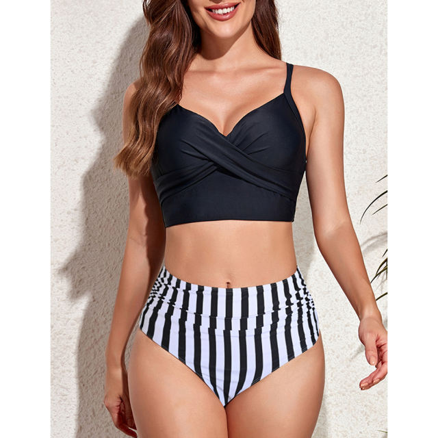 Black Back Crisscross Striped High Waist Bikini Swimsuit TQX610030-19