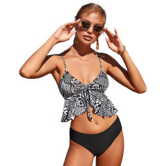 Black Printed Ruffle Front Bikini TQK610306-2