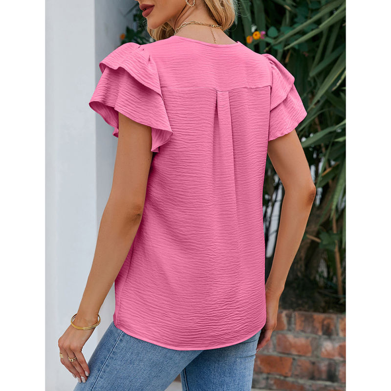 Dark pink Chiffon V-neck Ruffled Short Sleeve Top TQG22001-73