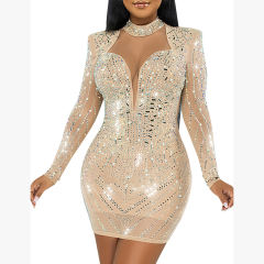 Apricot Mesh V Neckline Rhinestone Bodycon Dress TQK311548-18