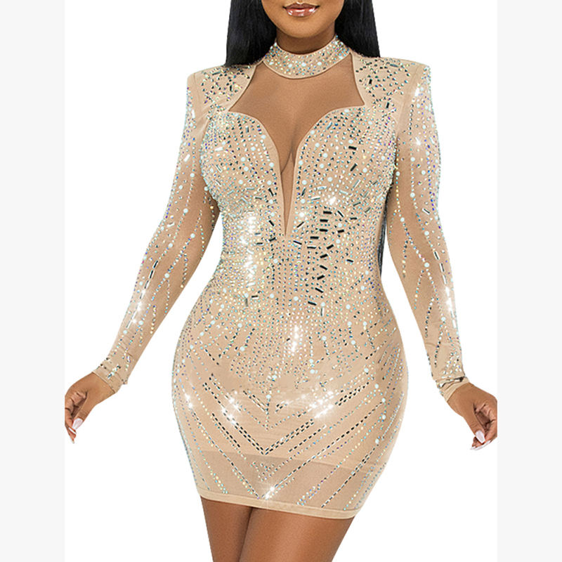 Apricot Mesh V Neckline Rhinestone Bodycon Dress TQK311548-18