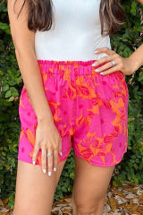 Pink Floral Print Smocked Waist Shorts LC731419-10