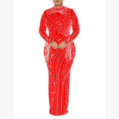 Red Rhinestone Mesh Long Sleeve Maxi Dress TQK311551-3